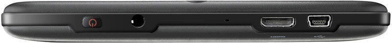 Side view of black laptop showing power button, headphone jack, HDMI port, and mini USB port; brand/model not specified.