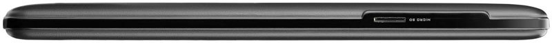 Side view of a black flip phone with slim profile, small external display, and textured finish; brand and model unspecified.