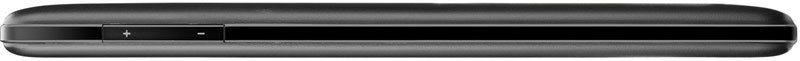 Side view of a closed black laptop, showing edge details with power button and indicator light; brand and model not specified.