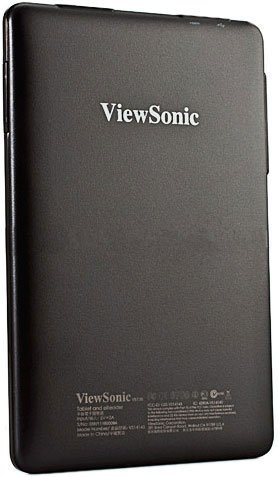 Rear view of black ViewSonic tablet with white ViewSonic logo centered and product details in small text at the bottom.