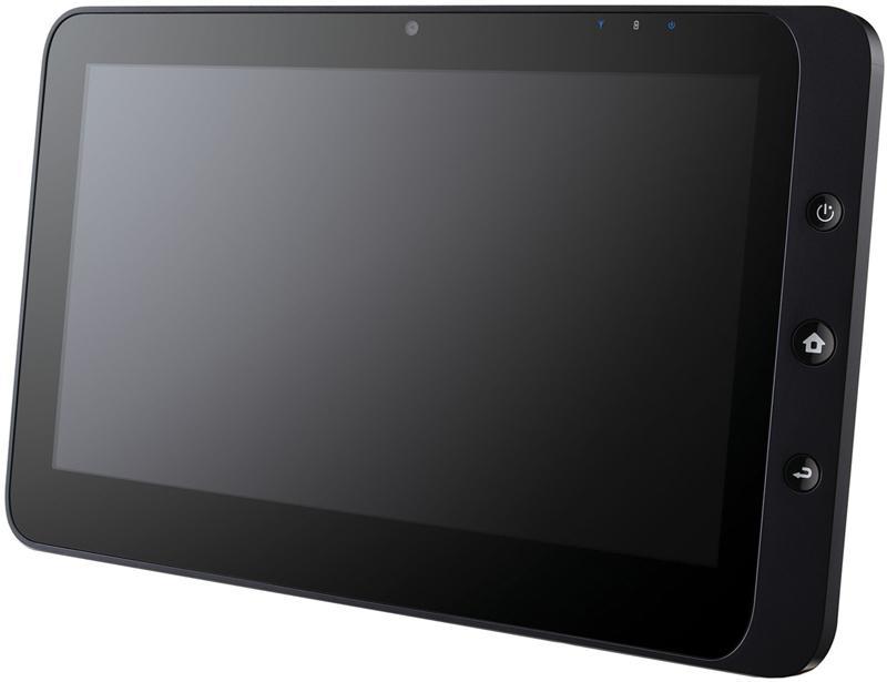 Black tablet, large display, three right-side buttons, front camera centered above screen; shown from a front angled view.