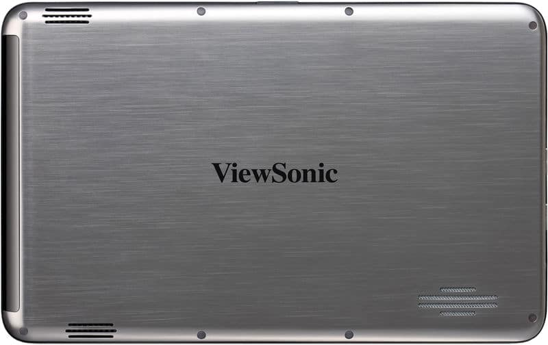 ViewSonic tablet rear view showing metallic silver brushed cover, centered logo, and edge speaker plus vent cutouts.