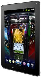 Angled front view of a black tablet displaying a colorful home screen with app panels; clock shows 2:19.