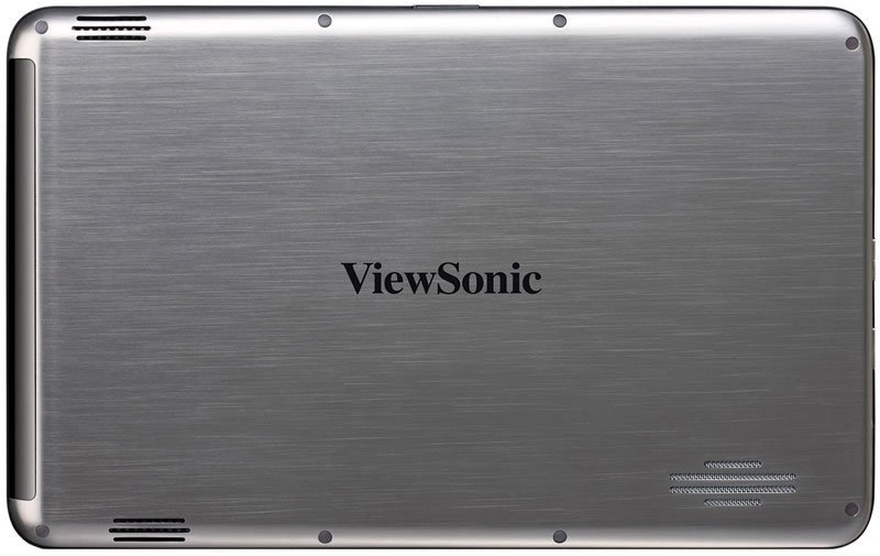 Rear view of a silver ViewSonic tablet with brushed metal finish, center logo, and speaker grills along the back edges.