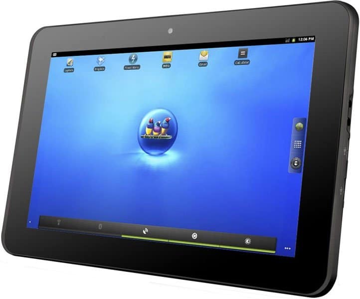Front view of a black tablet, blue screen with three birds in a nest icon center, app icons at top and right edges. Brand unknown.