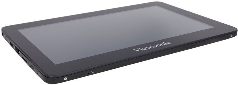 ViewSonic tablet, front view, lying flat on a white surface with screen up and logo in the lower right bezel.