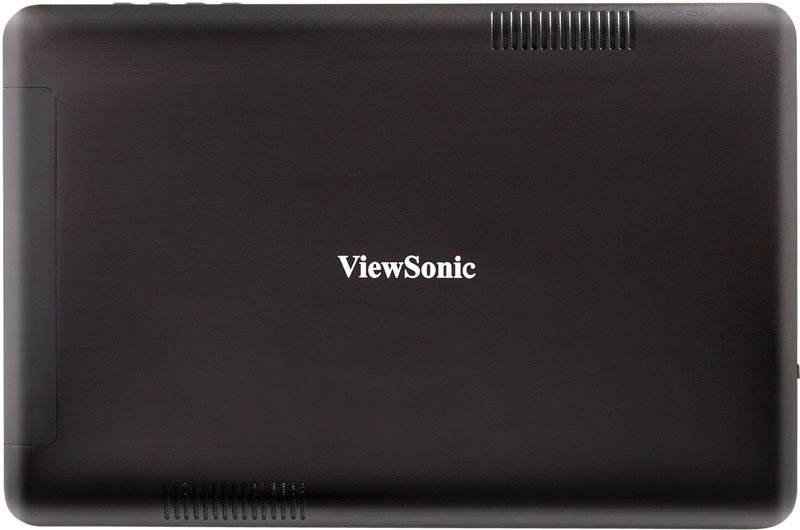 ViewSonic laptop closed, matte black lid, brand centered; top and lower right vent or speaker openings shown from above.