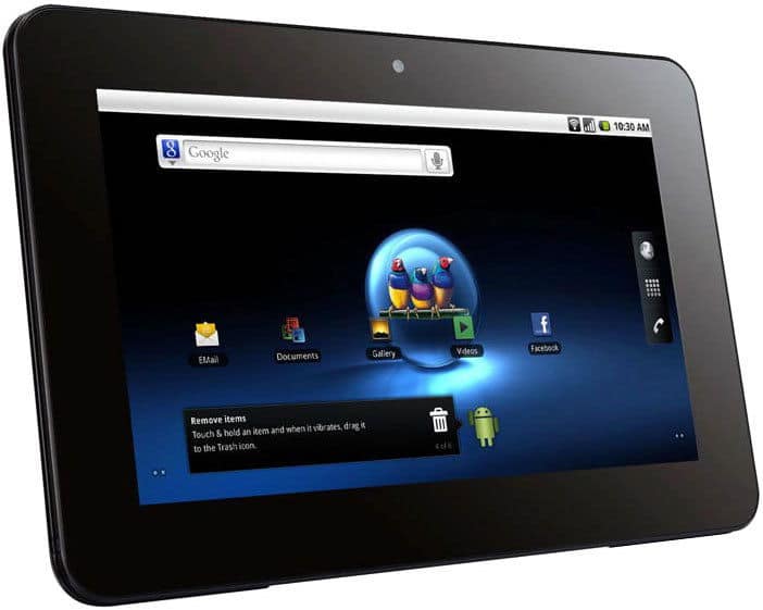 Front view of a black tablet showing home screen with app icons, Google search bar, and notifications. Brand/model not specified.