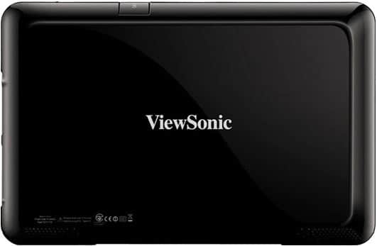 Rear view of a black ViewSonic tablet with centered white ViewSonic logo and regulatory details at the bottom. Model not specified.
