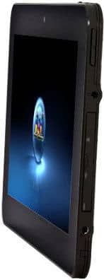 Black tablet viewed from a slight side angle with buttons and ports visible; screen shows blue background, central oval graphic.