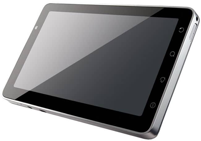 Black tablet with silver frame, angled front view; four side touch buttons visible, screen off reflecting light. Brand/model unspecified.