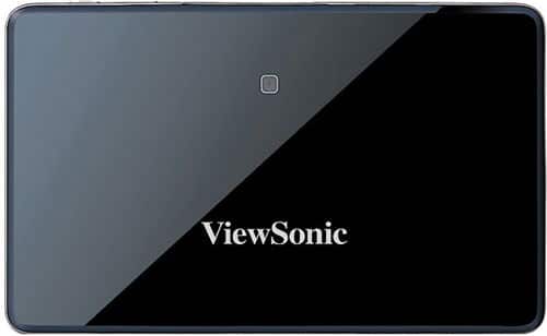 Rear view of black ViewSonic tablet; centered white ViewSonic logo and small square feature above the logo. Model unspecified.