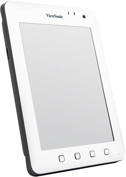 ViewSonic white tablet with black edge, front camera, sensors, and four buttons below screen shown from a slightly angled front view.