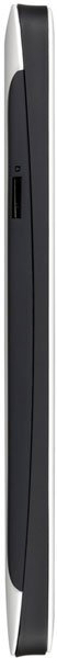Side view of a slim tablet with black center, white edges, and a small button near the top; brand and model unspecified.