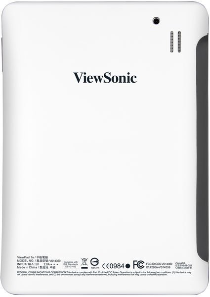 Rear view of white ViewSonic tablet showing central logo, top-edge camera, speaker grille, and regulatory info at bottom.