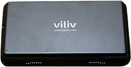 Front view of a closed, black viliv device with branding and website in white text on the top surface.
