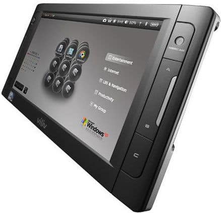 Front view of Viliv tablet running Windows XP, with right-side buttons, webcam, and Viliv logo on the lower left bezel.