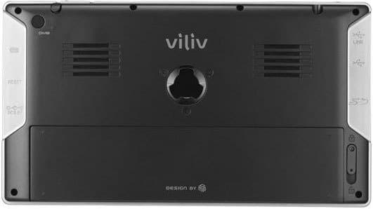 Rear view of Viliv tablet shows multiple ports, ventilation grills, and central mounting plate with branding on a black-silver finish.