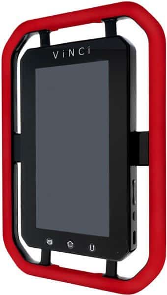 Vinci tablet front view with large display, thick red bumper case, and side buttons and ports visible.