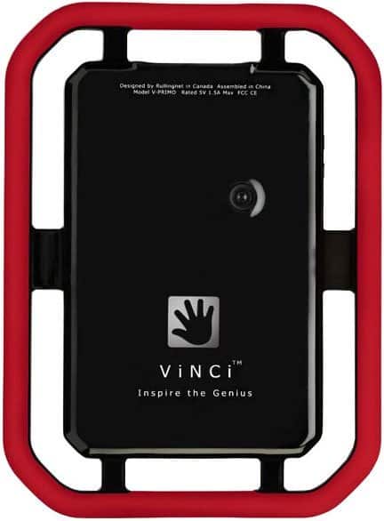 Front view of viNCi tablet in a red bumper case, featuring front camera and "Inspire the Genius" branding.