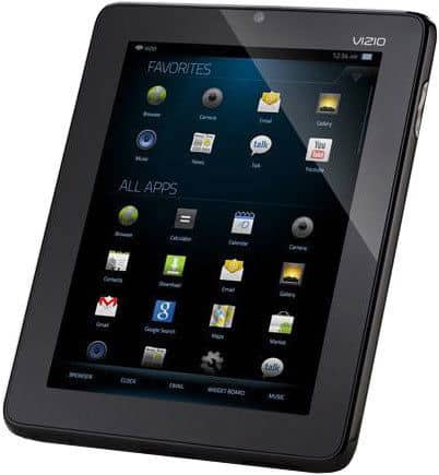 Vizio tablet, front view angled right; touchscreen shows grid of app icons including browser, email, calendar, camera, gallery.