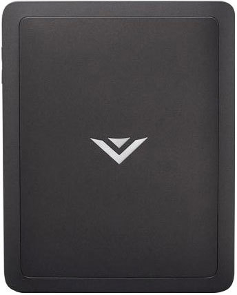 Front view of a black Vizio Co-Star streaming box with rounded corners and central silver "V" logo, not a tablet.