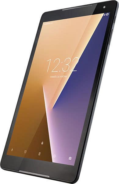 Black tablet, possibly Samsung Galaxy Tab, angled front view with 12:32 display and app icons, on white background.