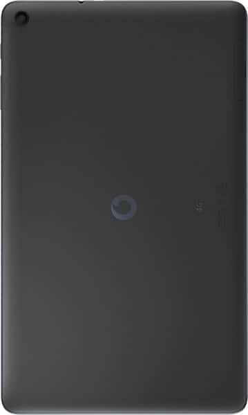 Rear view of matte black Galaxy Tab S7, central circular logo, top-left rear camera, subtle branding on right edge.