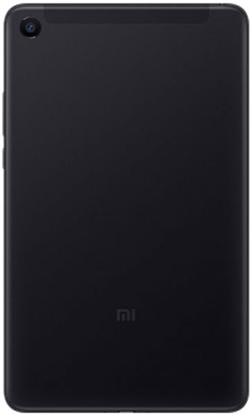 Xiaomi Mi tablet rear view with single top-left camera and centered "mi" logo near the bottom on a black finish.