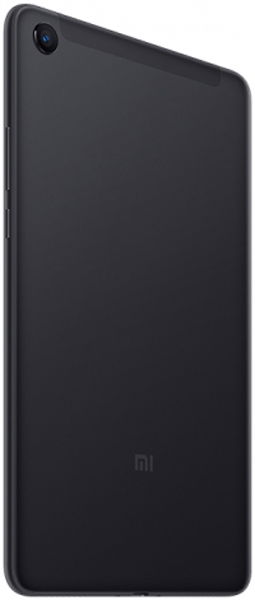 Xiaomi tablet rear view at an angle, single rear camera top left, "mi" logo bottom center. Model unspecified.