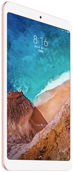 Rose gold Xiaomi Mi Pad 4, front view; front camera top center, lock screen at 8:16, coastline wallpaper displayed.