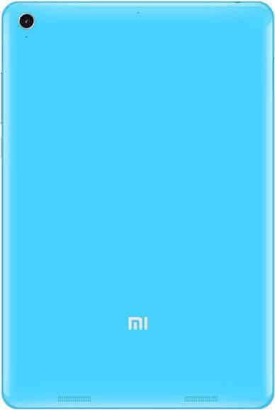 Rear view of a bright blue tablet with top-left camera, Mi logo at the bottom center, and two speaker grilles on the bottom edge.