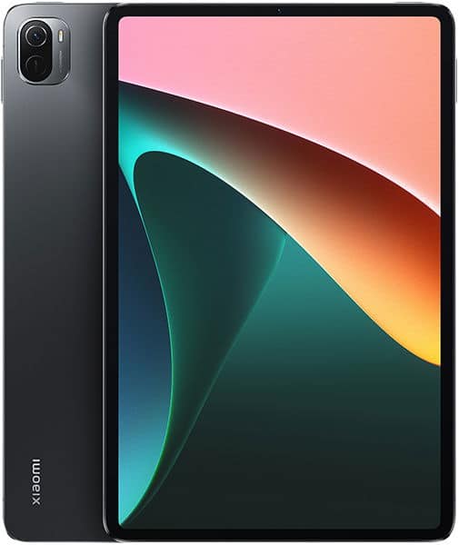 Black Xiaomi tablet shown from front with display on and colorful wallpaper, plus rear view highlighting camera and Xiaomi branding.