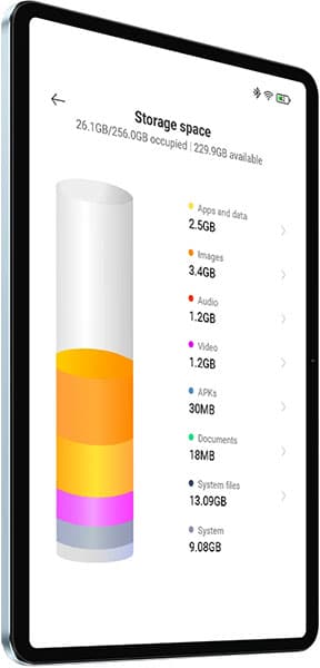 Front view of tablet shows 26.1GB of 256GB used; vertical bar graph details storage by file type. Brand/model not shown.