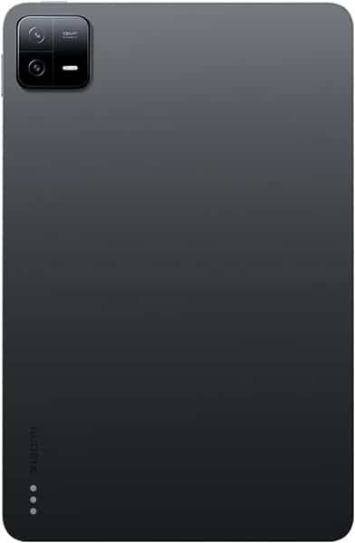 Rear view of Xiaomi tablet in black, dual-lens camera and LED flash at top left, Xiaomi branding near lower left edge.