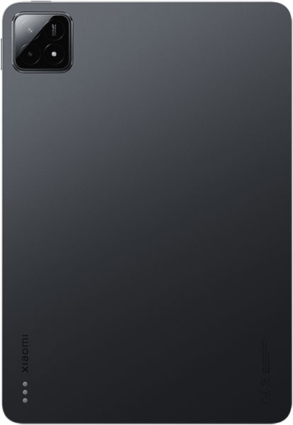 Rear view of black Xiaomi tablet with square single-lens camera, flash in top left, and Xiaomi logo at bottom left.