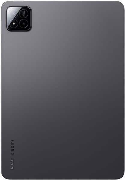Rear view of a gray Xiaomi tablet showing a single rear camera with flash in the top left and Xiaomi logo at the bottom left.