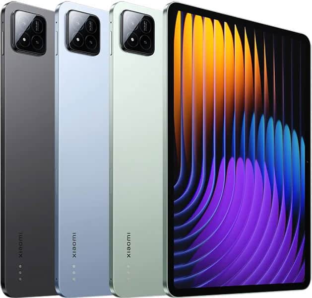 Xiaomi tablets in black, blue, and green shown rear view with logo; one tablet shows front display with colorful pattern.
