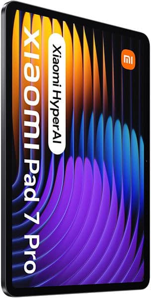 Xiaomi Pad 7 Pro displayed at a front angle with vibrant screen, "Xiaomi HyperAI" text, and logo in the top right corner.