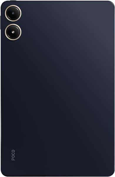Rear view of a dark-colored POCO tablet featuring dual cameras in the top left and "POCO" branding at the bottom left edge.
