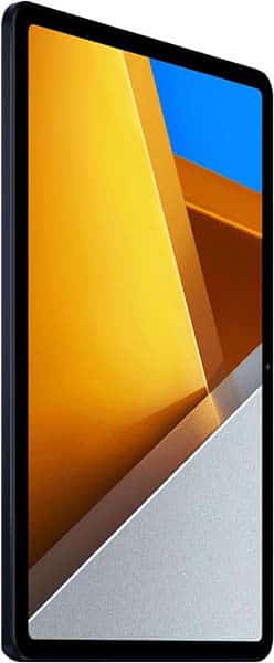 Black tablet with large screen displaying yellow, orange, blue, and gray geometric wallpaper, seen from a slight left side angle.