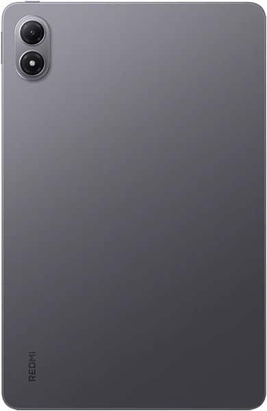 Rear view of gray Redmi tablet with matte finish, dual rear cameras top left, and Redmi logo bottom left; minimal, sleek design.