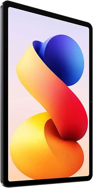 Tablet with black frame, shown from angled side view, displays vibrant digital art with blue sphere and multicolor ribbon.