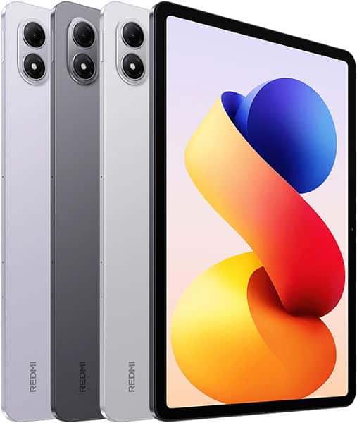 Redmi tablets shown: two rear views in gray and silver with dual cameras, one front view displaying a colorful abstract screen.