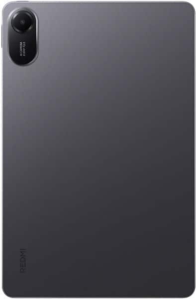 Redmi tablet rear view in matte gray with single top-left camera and "REDMI" branding near the lower left edge.