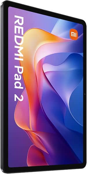 Black Redmi Pad 2 tablet at an angled front view, displaying a vibrant abstract screen with "REDMI Pad 2" and MI logo.