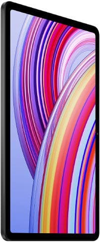 Angled front view of a thin tablet with black bezel and colorful swirl display; resembles Samsung Galaxy Tab S series.