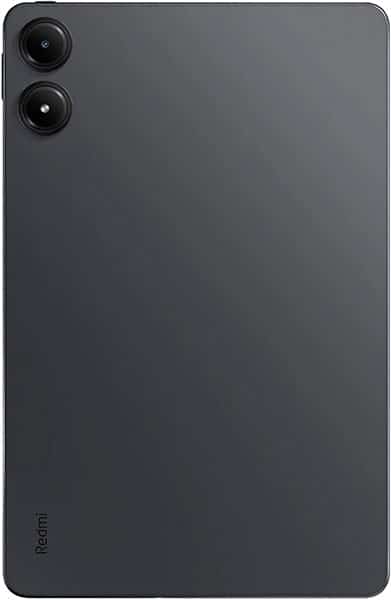 Redmi tablet rear view showing dual cameras in the top left and Redmi logo in the lower left on a smooth matte black finish.