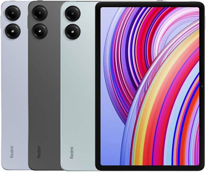 Redmi tablets shown: three rear views highlighting colors, camera, and branding; one front view with a vibrant abstract display.