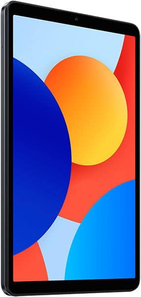 Angled side view of a black tablet with a thin bezel, screen showing blue, orange, and red overlapping circles. Brand/model unspecified.
